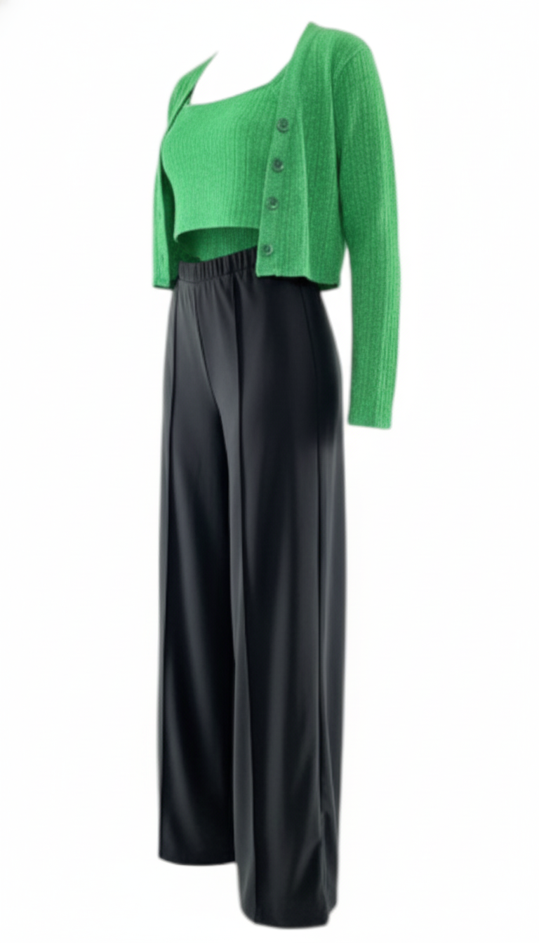 Conjunto acampanado de tres piezas con brillo sutil que estiliza tu silueta