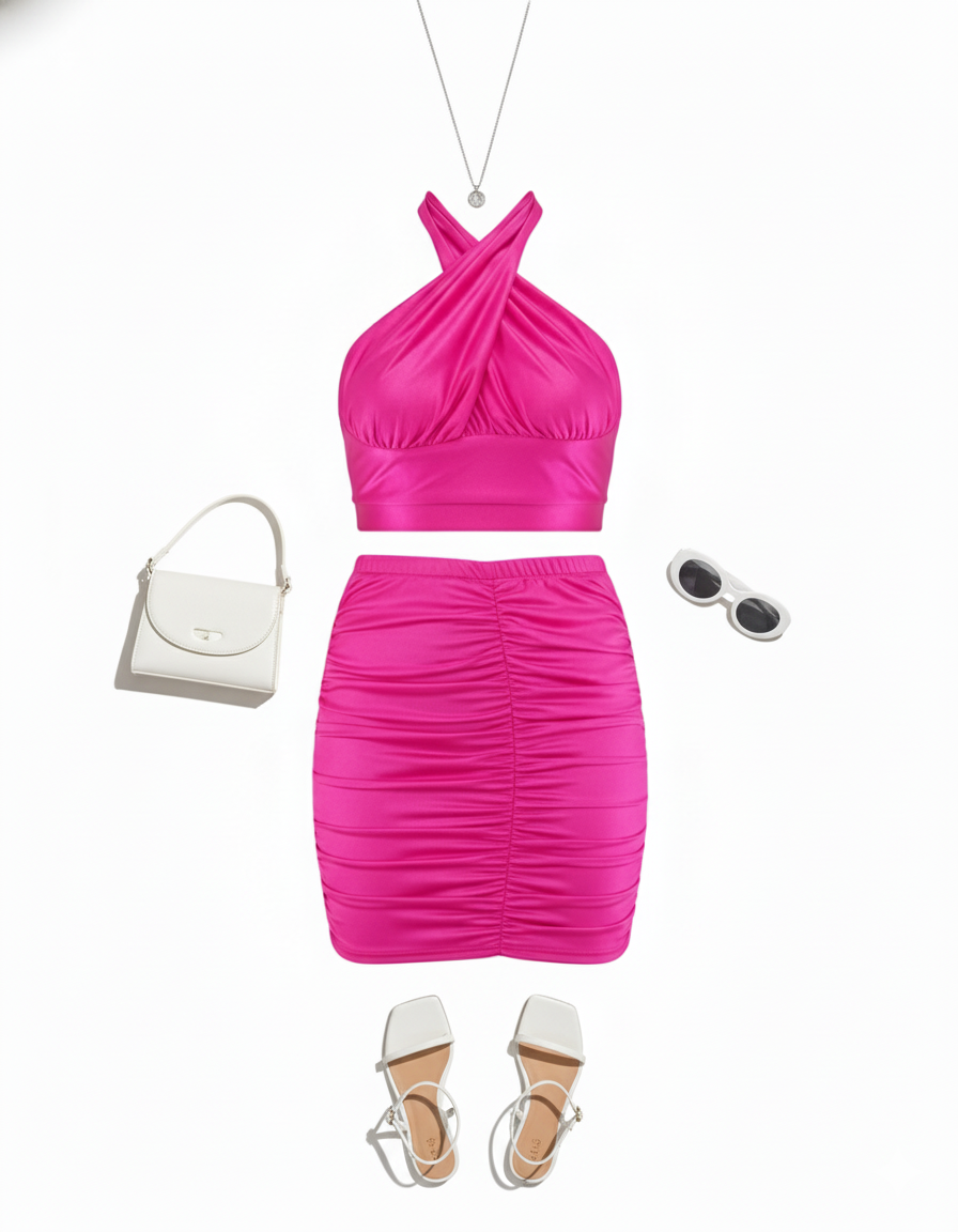 Conjunto falda corta y top cruzado que realza tu silueta con frescura moderna