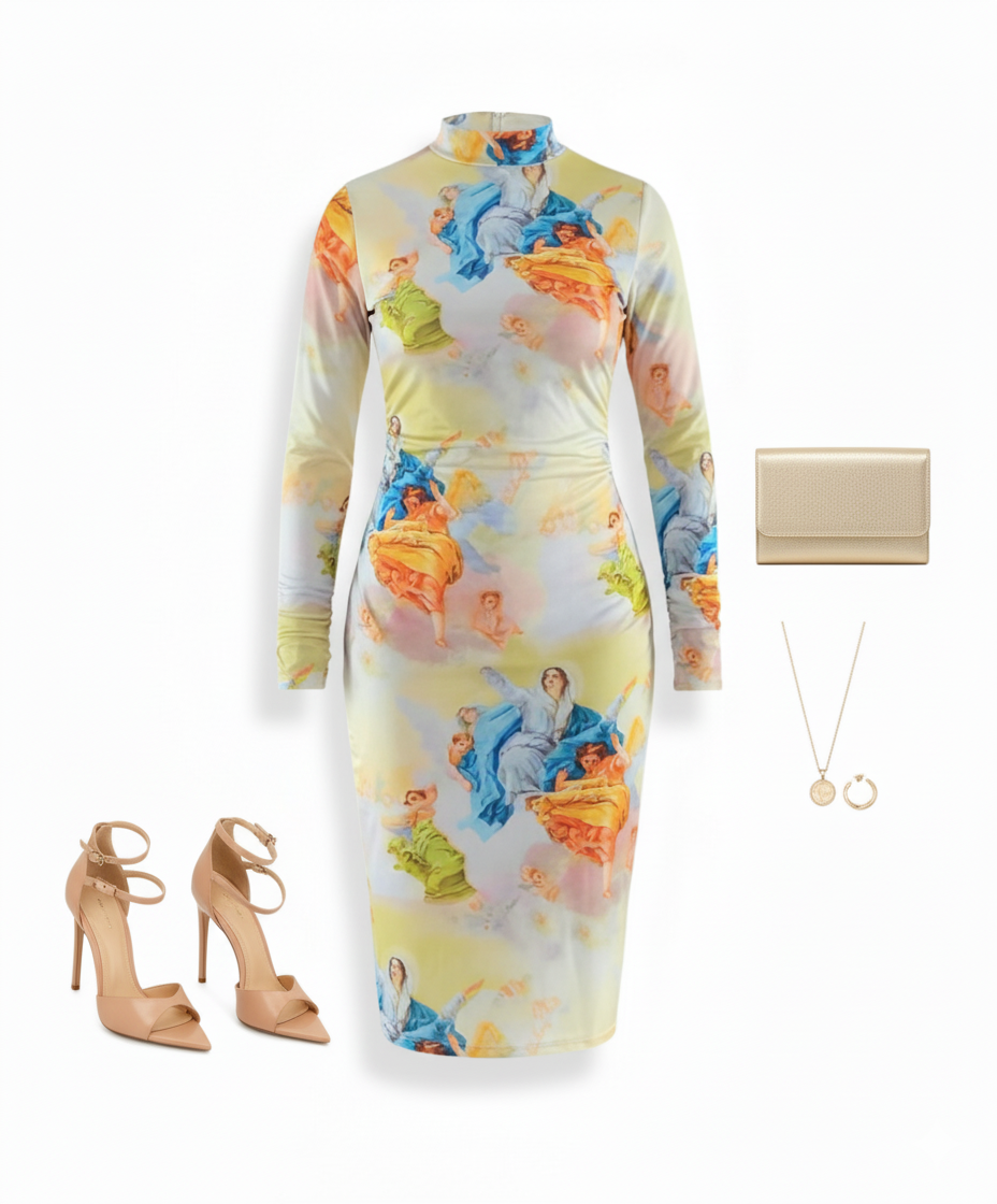 Vestido corte chanel con estampado celestial que estiliza con arte visual