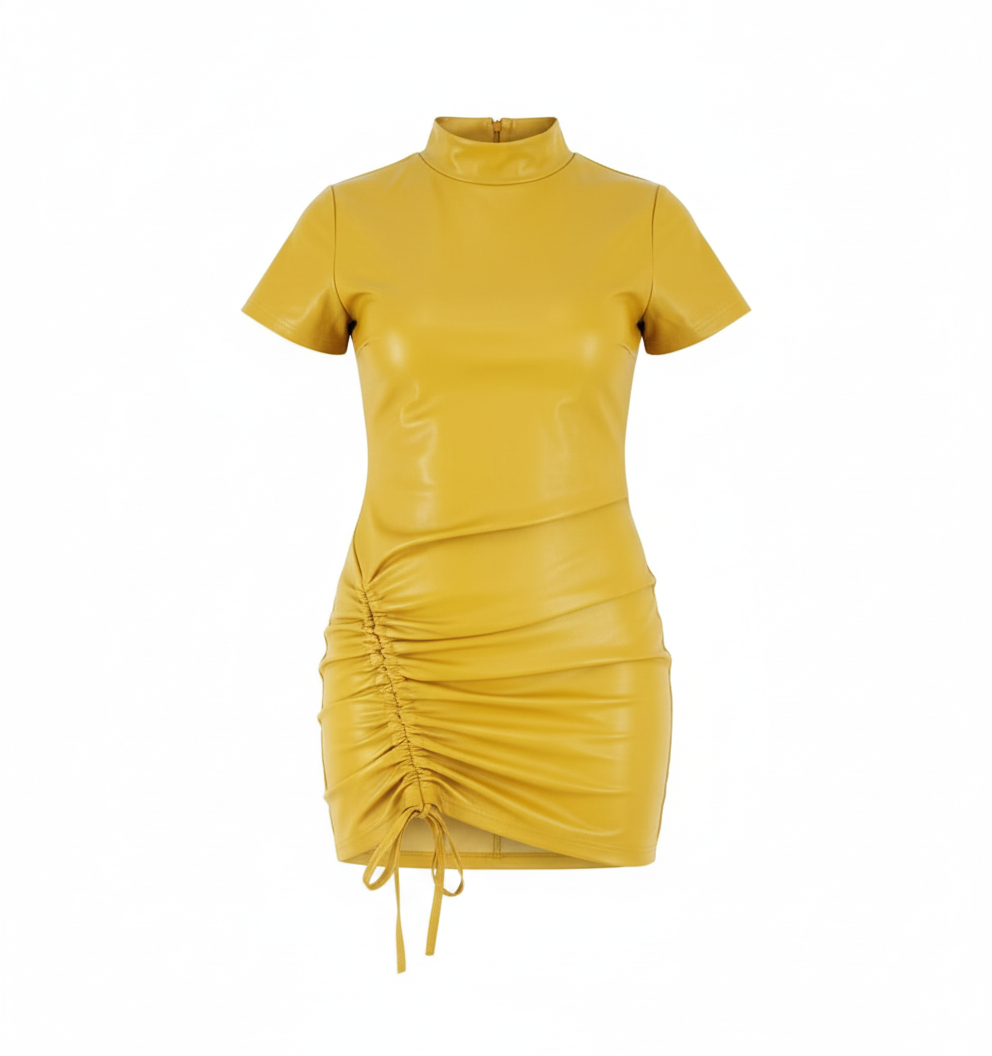 Minivestido entallado con cuello tortuga y fruncido lateral en efecto vinil