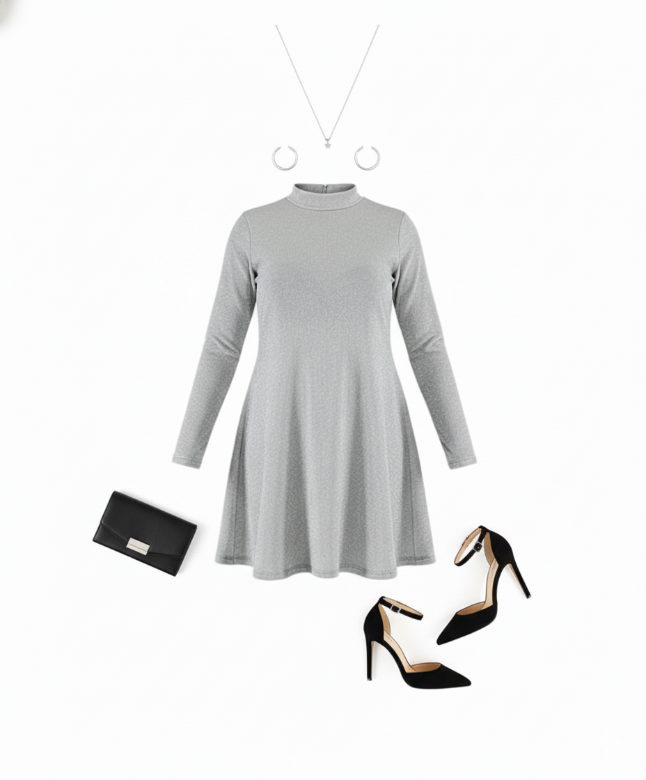 Vestido corto brillante con cuello tortuga que estiliza con elegancia casual