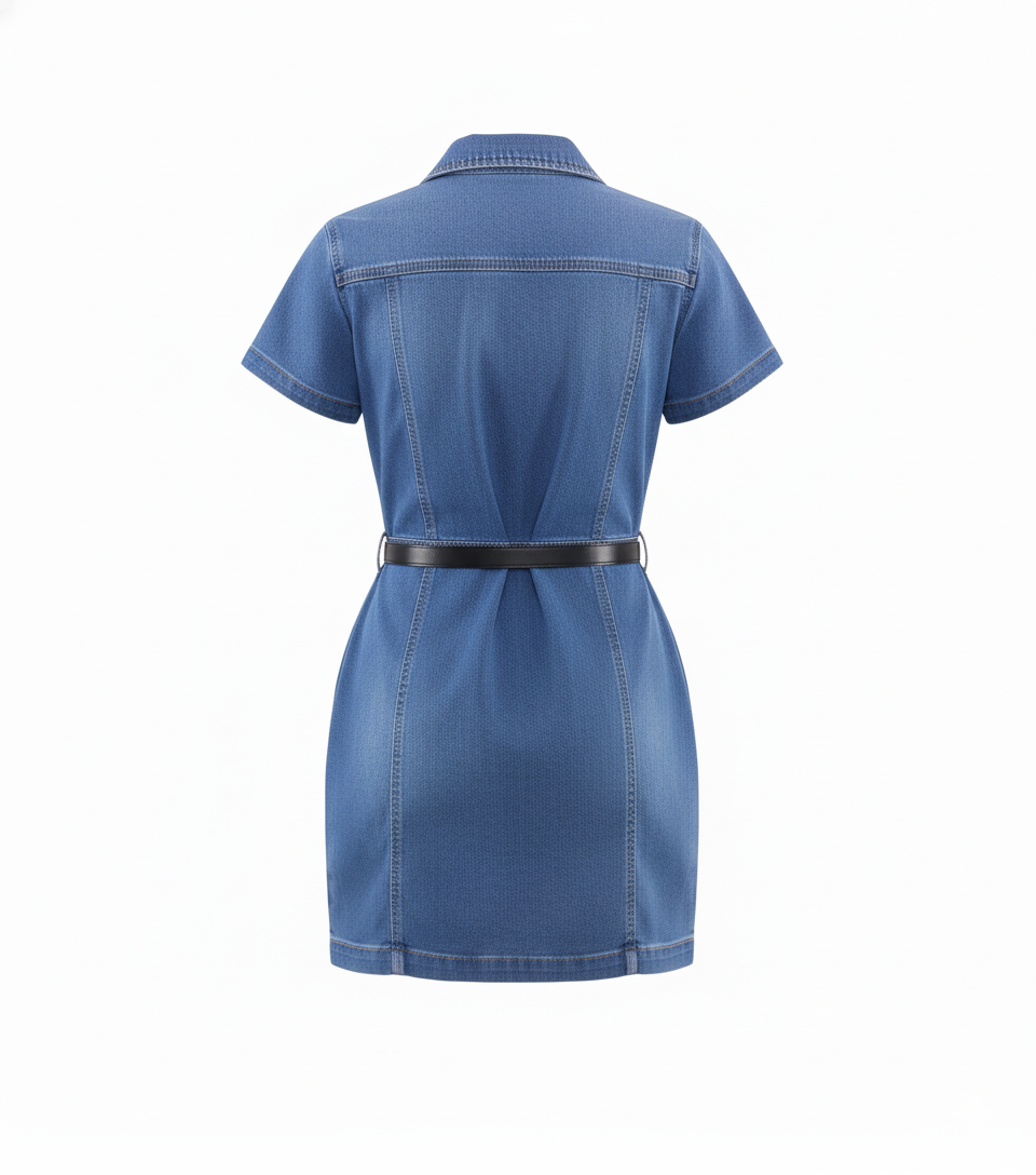 Vestido corto de mezclilla con cinturón que define tu silueta con frescura casual