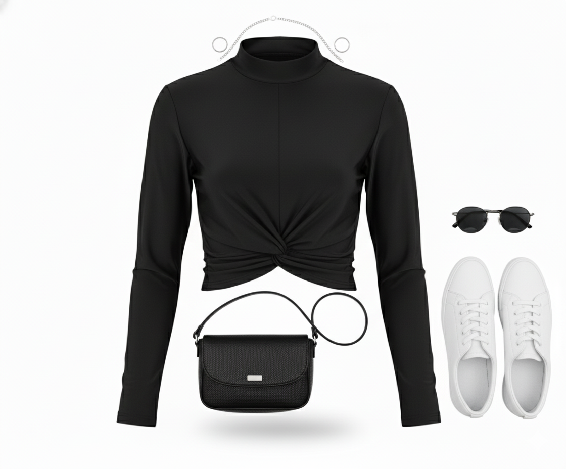 Crop top cruzado con cuello alto que realza el torso con elegancia sensual