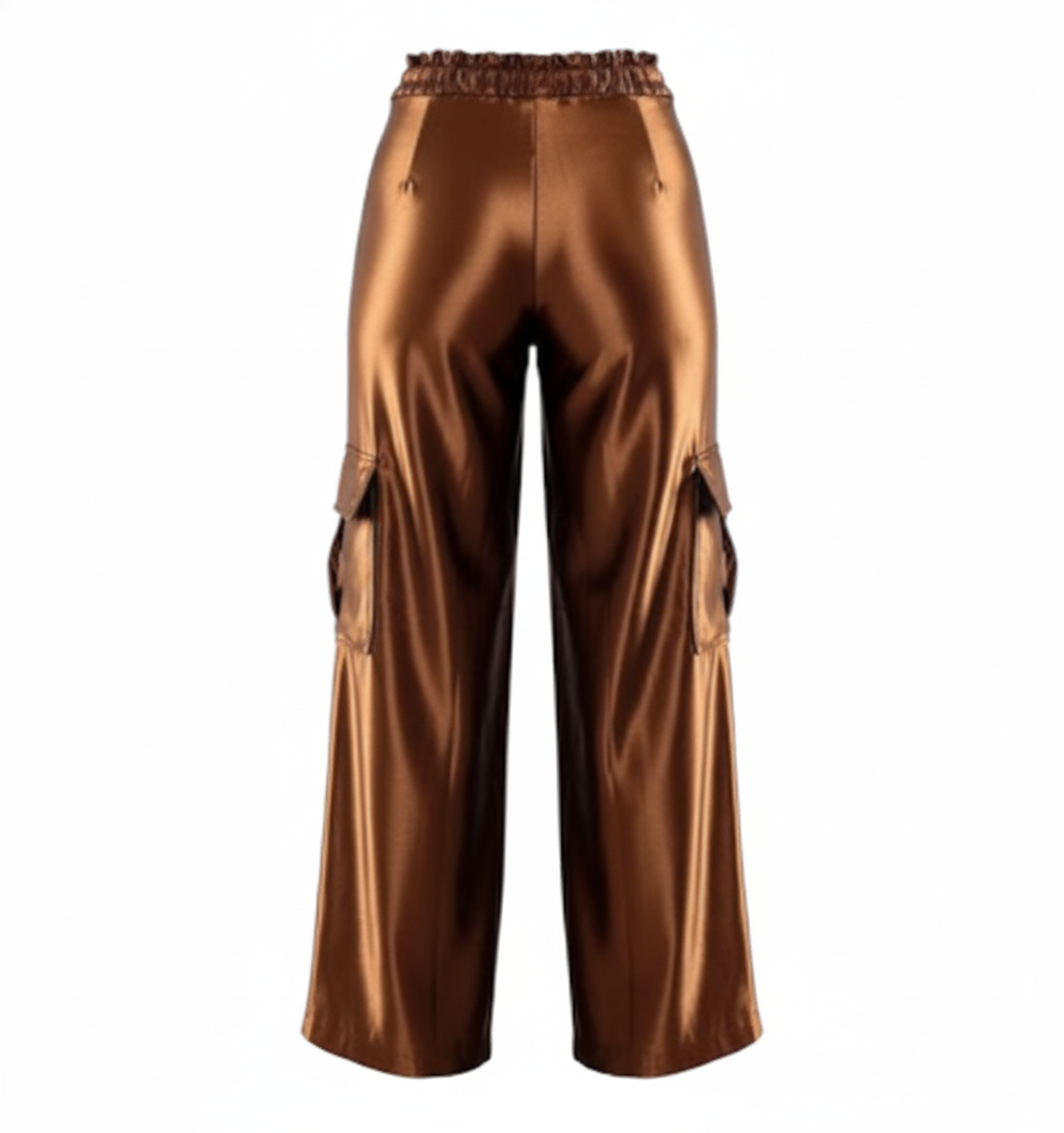 Pantalón cargo satinado con caída fluida y efecto visual vibrante