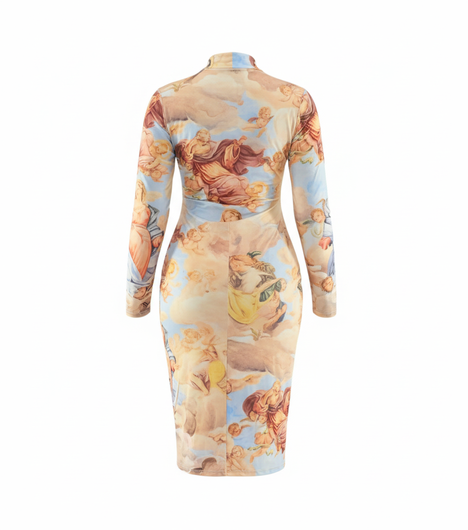 Vestido corte chanel con estampado celestial que estiliza con arte visual