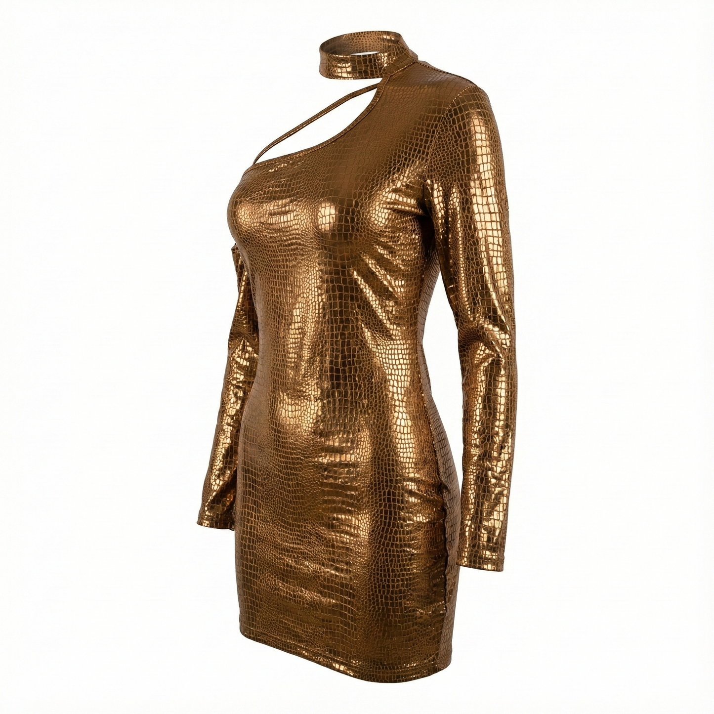 Minivestido con escote asimétrico que brilla con glamour moderno