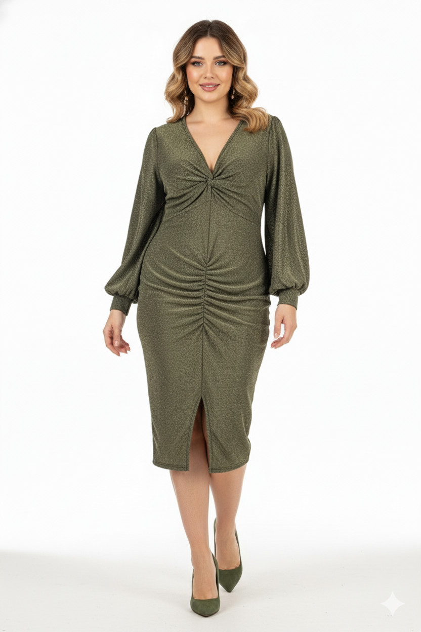Vestido largo con escote en V que ilumina tu presencia con elegancia metálica