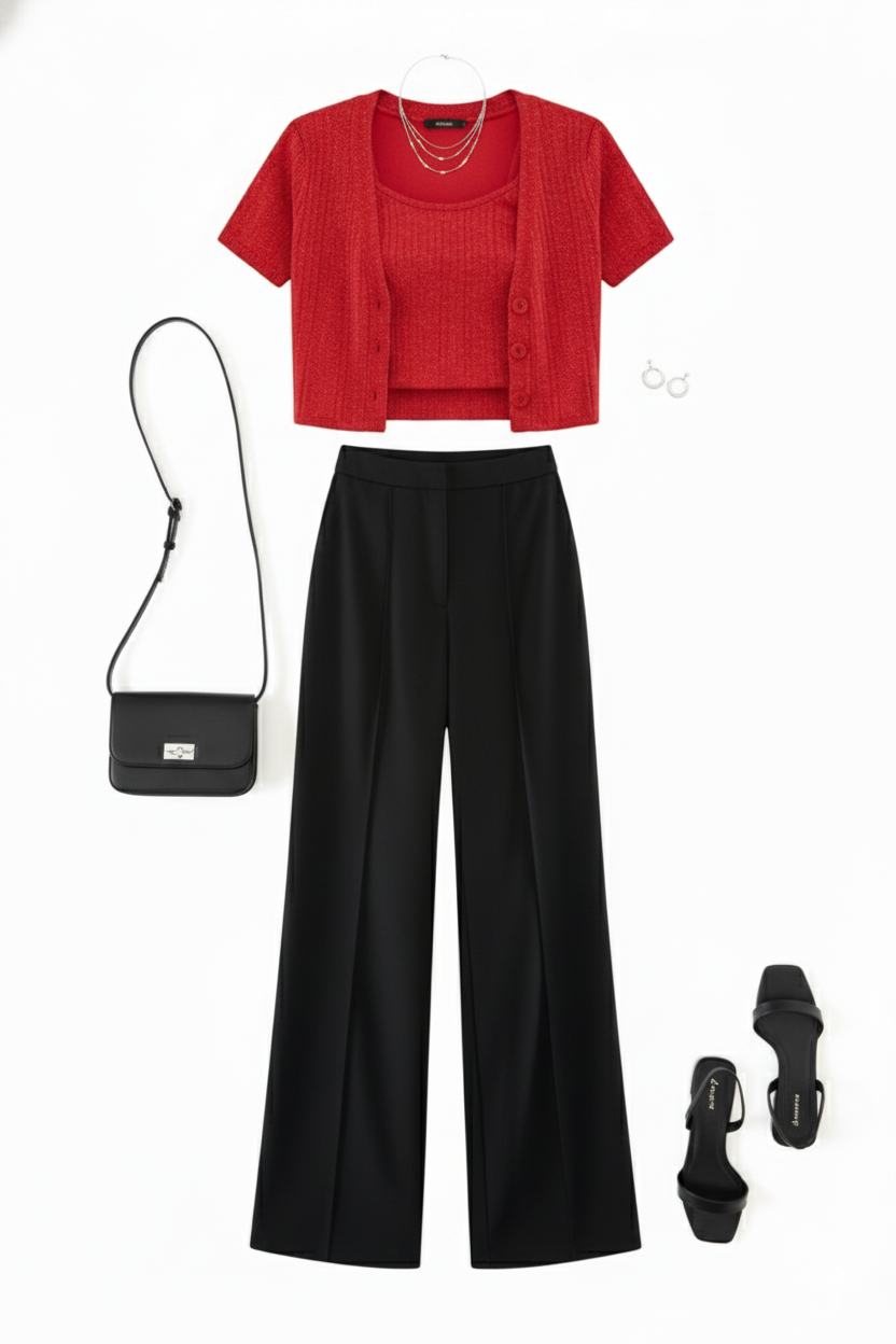 Conjunto acampanado de tres piezas con brillo sutil que estiliza tu silueta