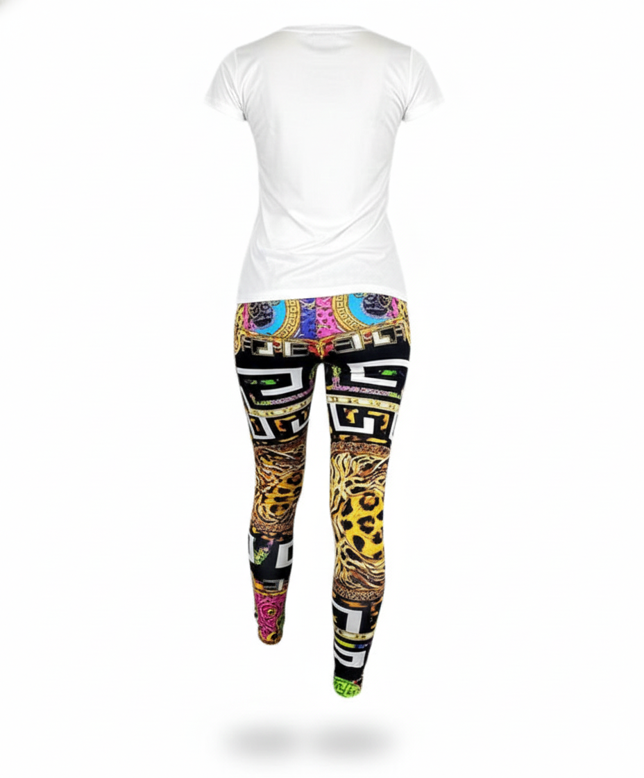 Conjunto con leggins estampados que estiliza con fuerza visual urbana