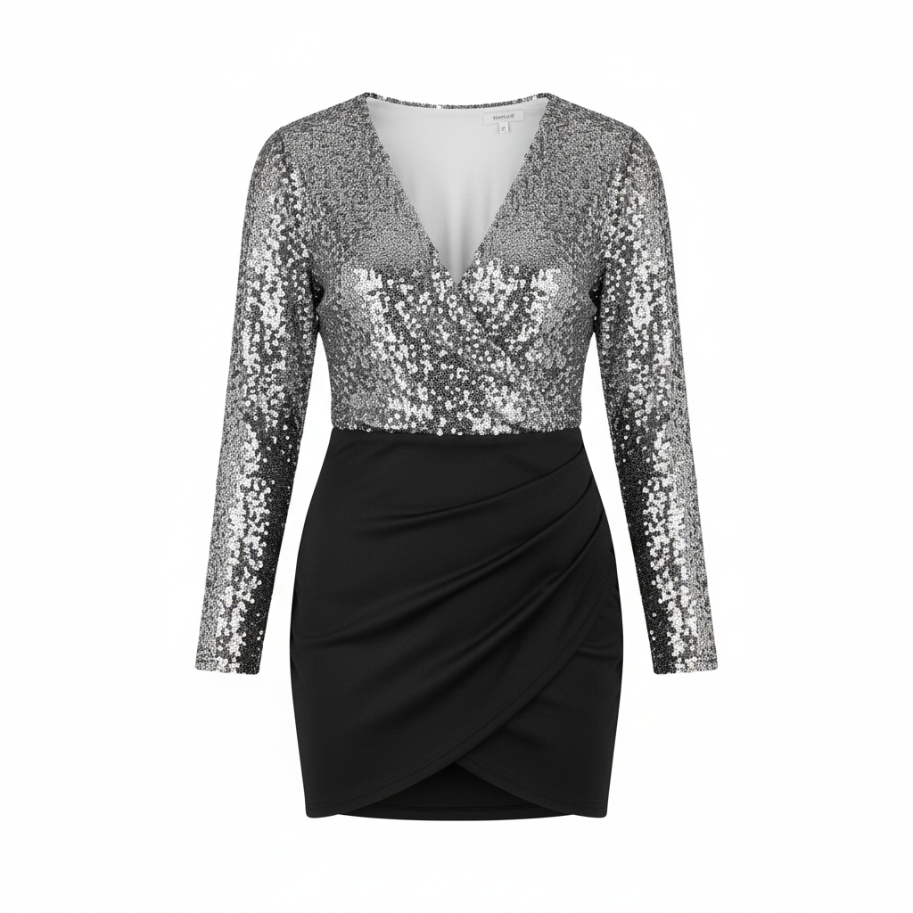 Vestido mini manga larga con brillo que realza tu silueta con elegancia festiva