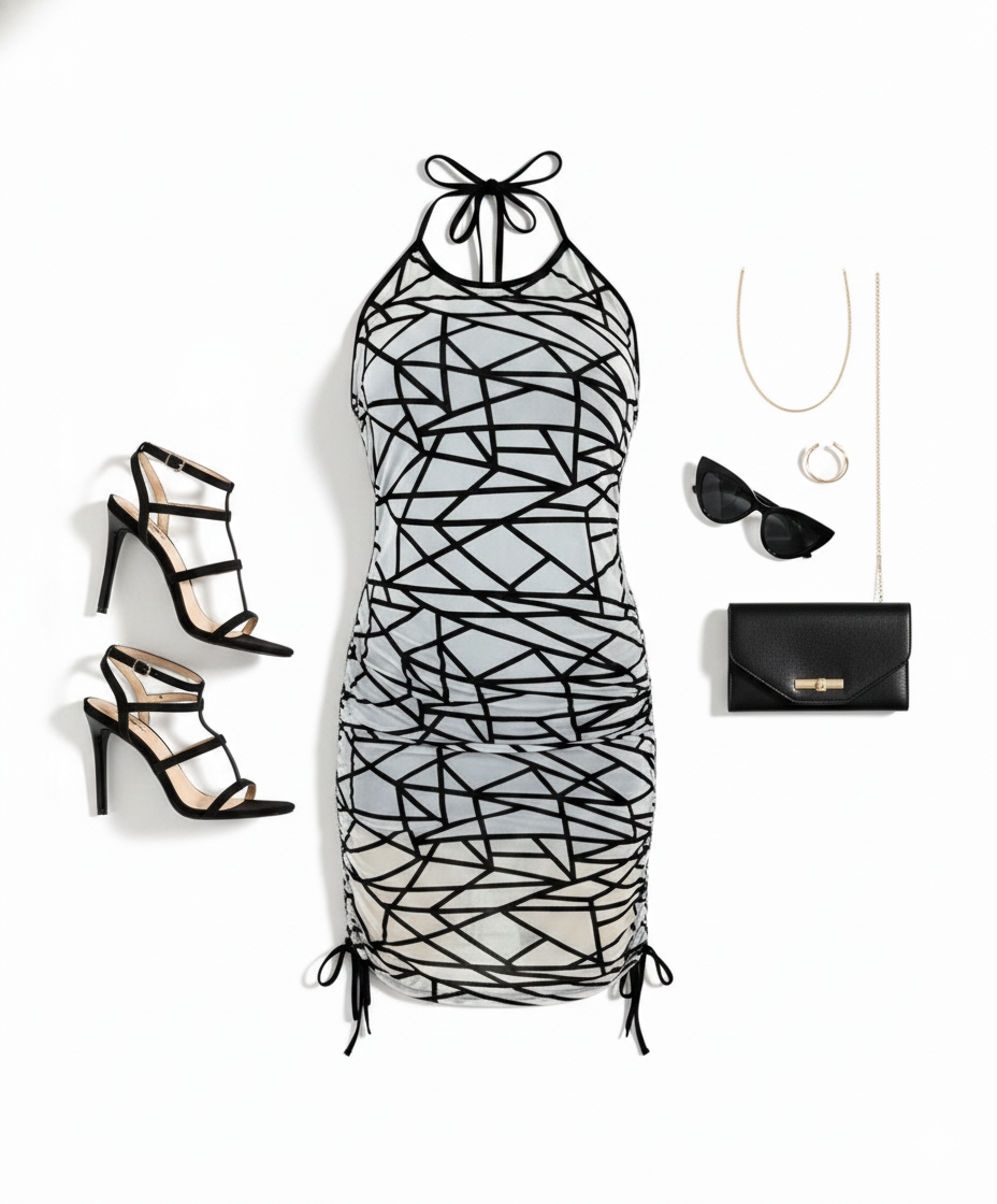 Vestido corto con estampado geométrico que moldea y alarga tu silueta