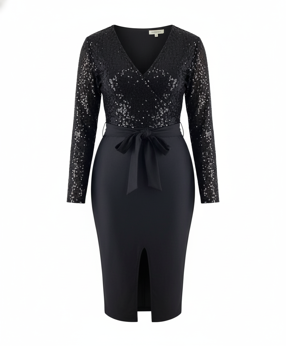 Vestido 3/4 con brillo que enmarca tu cintura y deslumbra al instante
