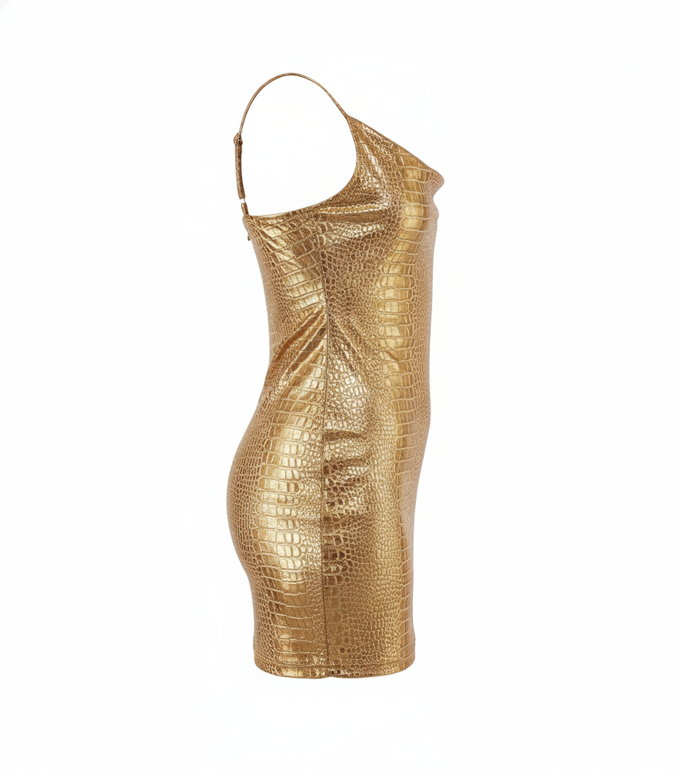 Minivestido metálico con escote que potencia tu brillo interior