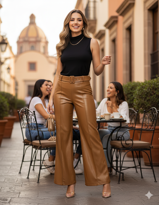 Pantalón acampanado de vinipiel con cinturón que alarga visualmente tus piernas