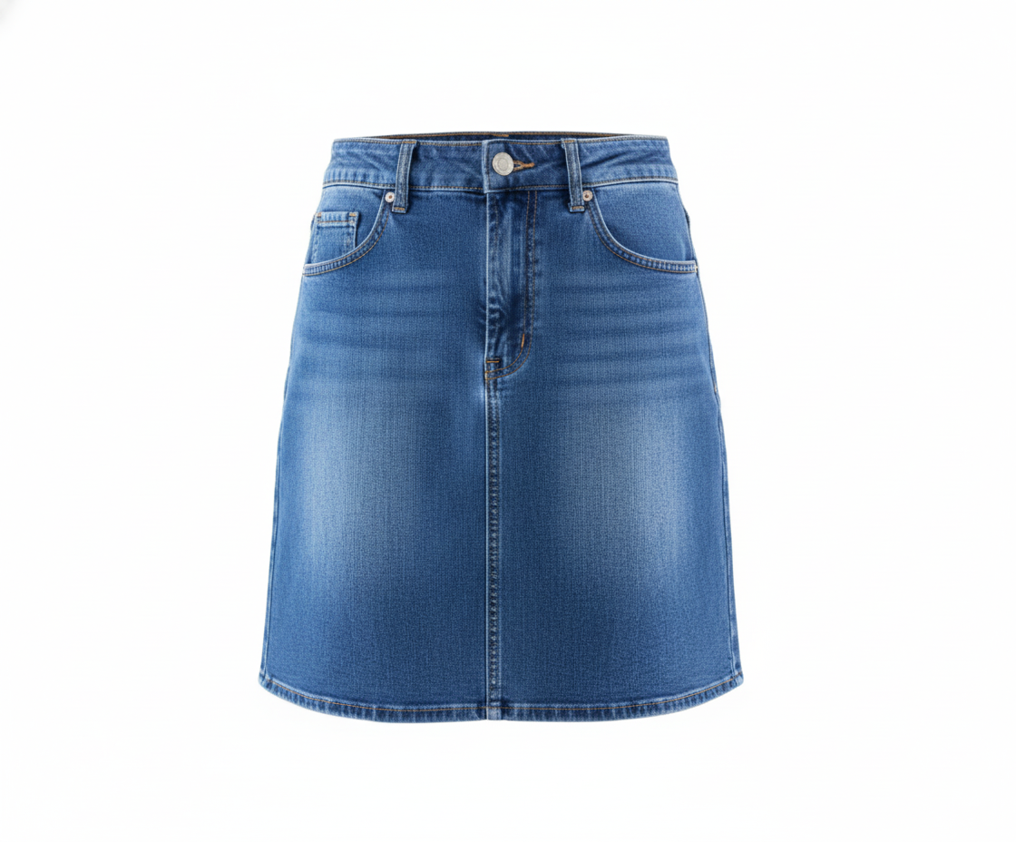 Falda de mezclilla al muslo que equilibra tu figura con frescura estructurada