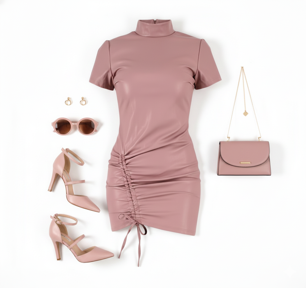 Minivestido entallado con cuello tortuga y fruncido lateral en efecto vinil