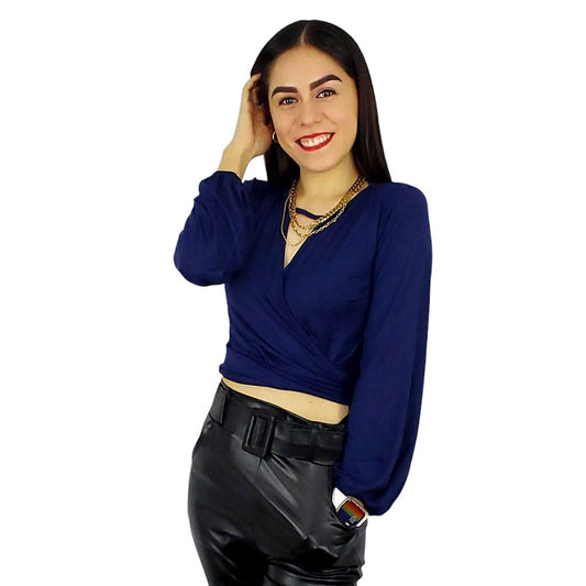Blusa manga larga cruzada que afina tu cintura con elegancia visual