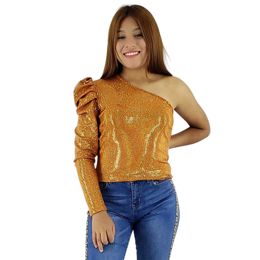 Blusa asimétrica de impacto que define tu figura con glamour brillante