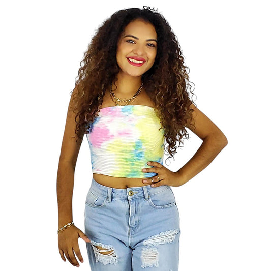 Crop top tipo tubo con estampado vibrante que resalta tu alegría natural